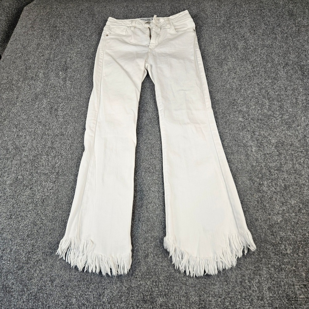 Just Black White Fringe Hem Wide Leg Jeans